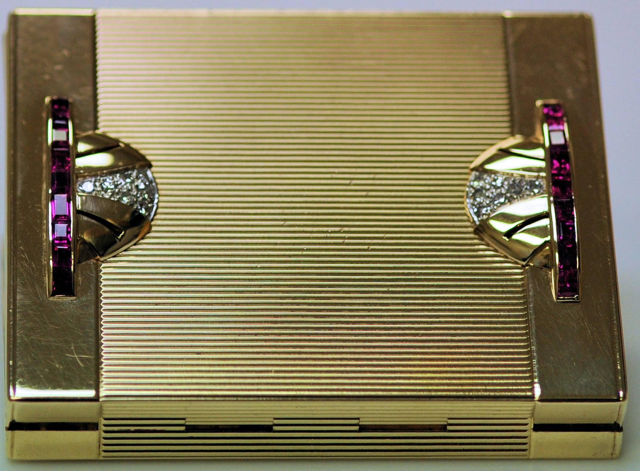 Art Deco Tiffany Gold and Platinum Ruby and Diamond Compact with Leather Sleeve For Sale 2
