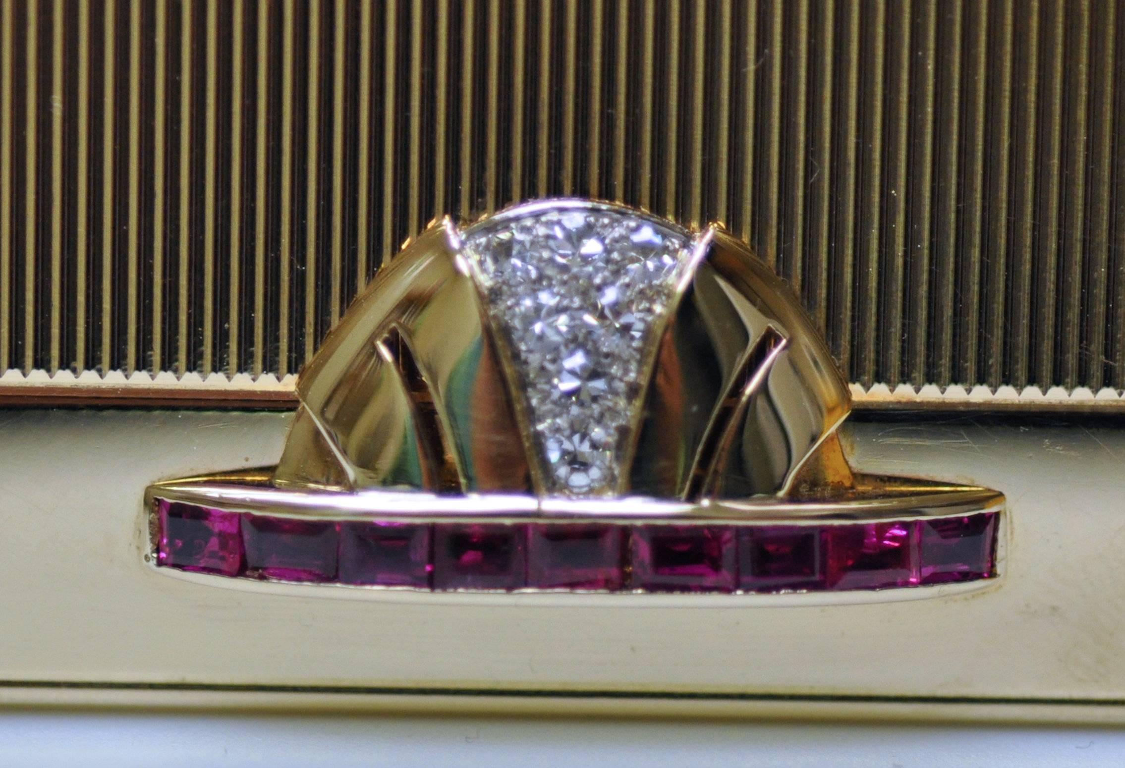 Art Deco Tiffany Gold and Platinum Ruby and Diamond Compact with Leather Sleeve For Sale 3