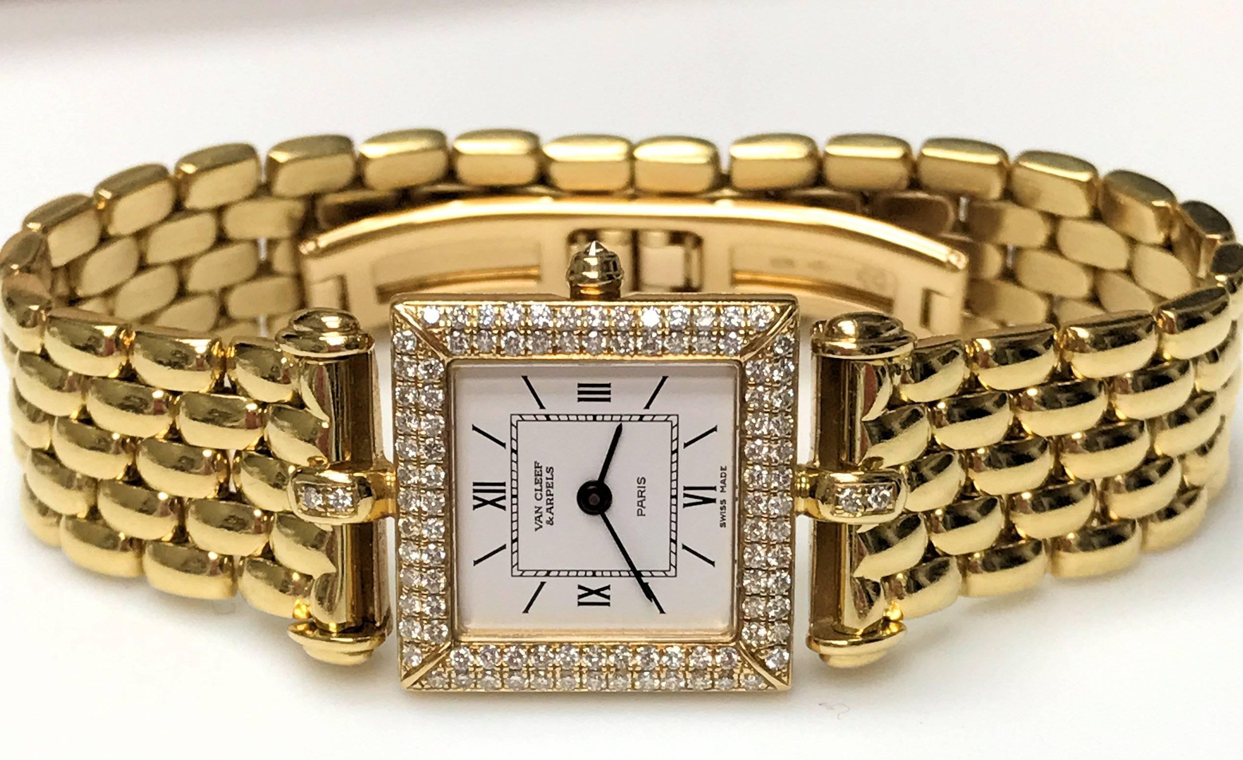 18Karat yellow gold and diamond Van Cleef and Arpels Classique wrist watch.  Five row panther link bracelet with deployant clasp.  100 round diamonds with a total weight of approximately 0.80 carat VVS-2, G. Quartz movement, recently replaced