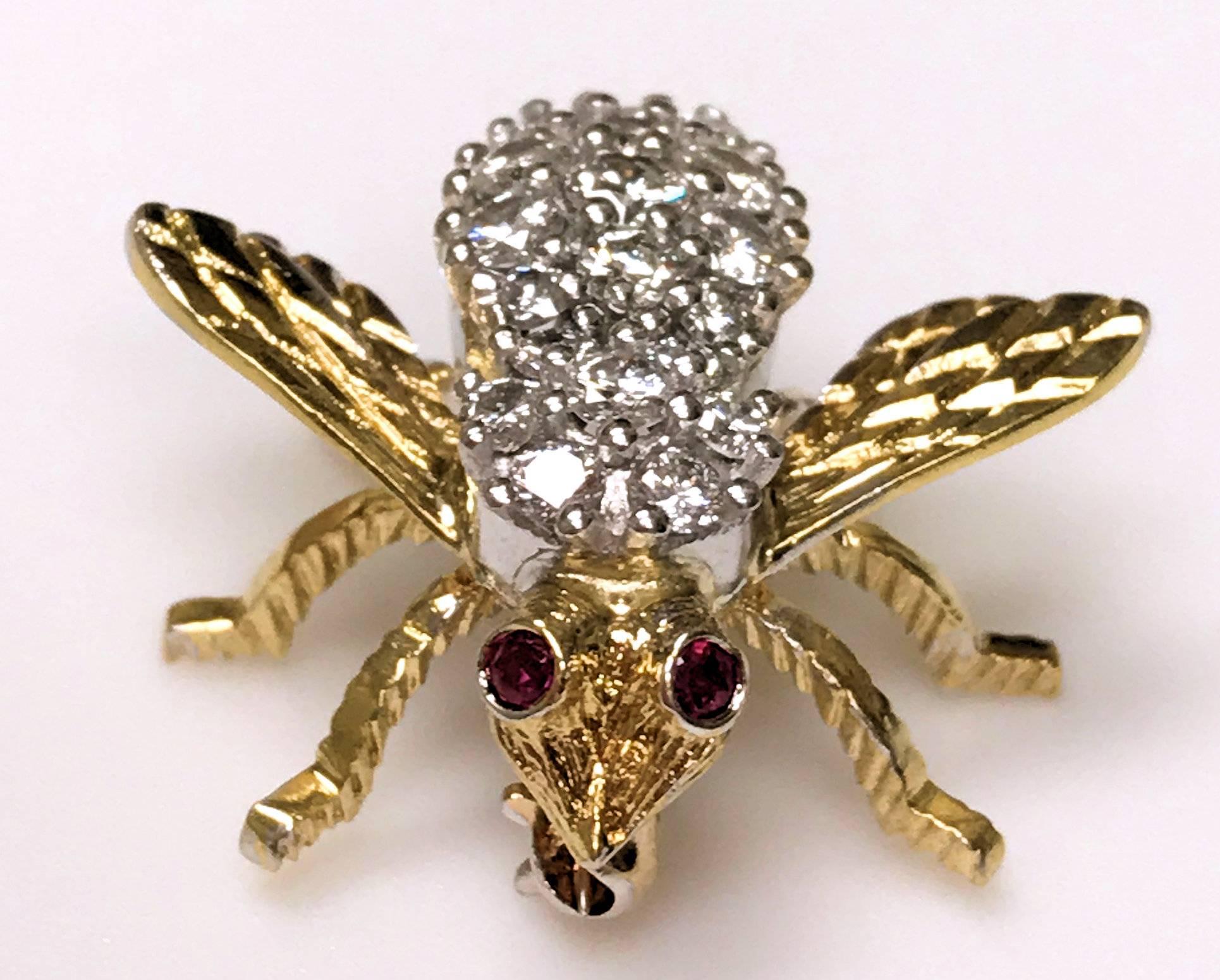 Herbert Rosenthal 18 Karat Diamond and Ruby Bee Pin In Excellent Condition In Dallas, TX