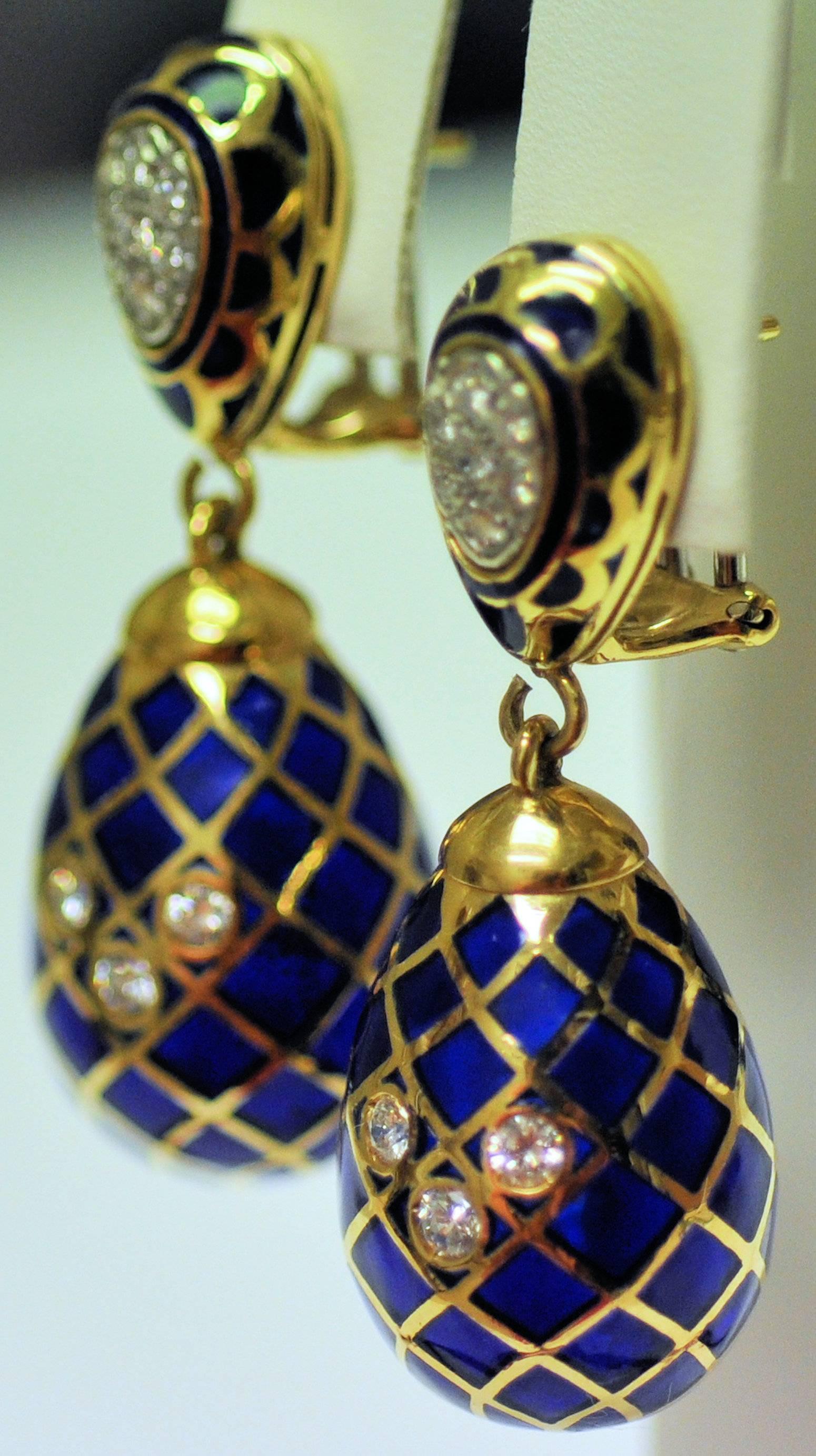 Round Cut 18 Karat Yellow Gold, Cobalt Blue Enamel and Diamond Pendant Drop Earrings