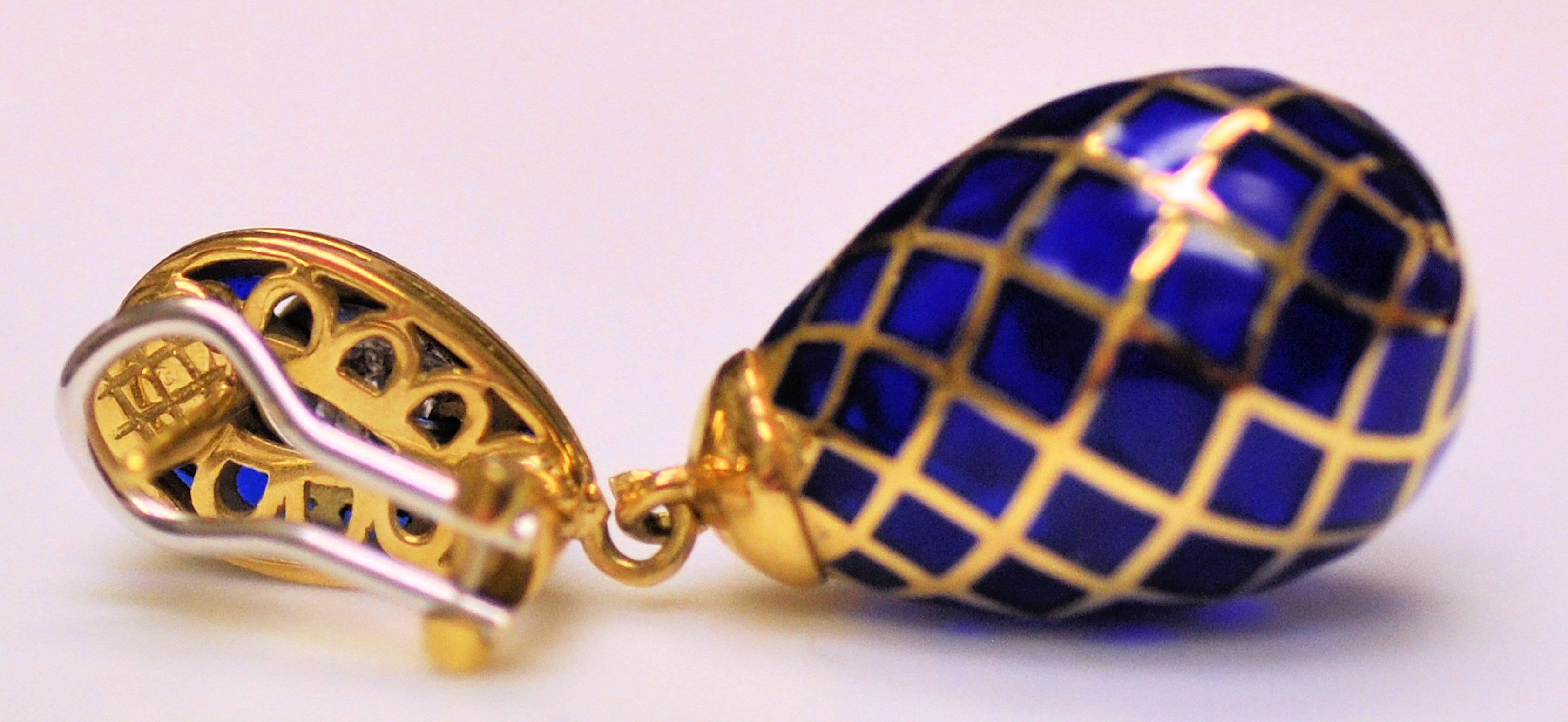 Women's 18 Karat Yellow Gold, Cobalt Blue Enamel and Diamond Pendant Drop Earrings