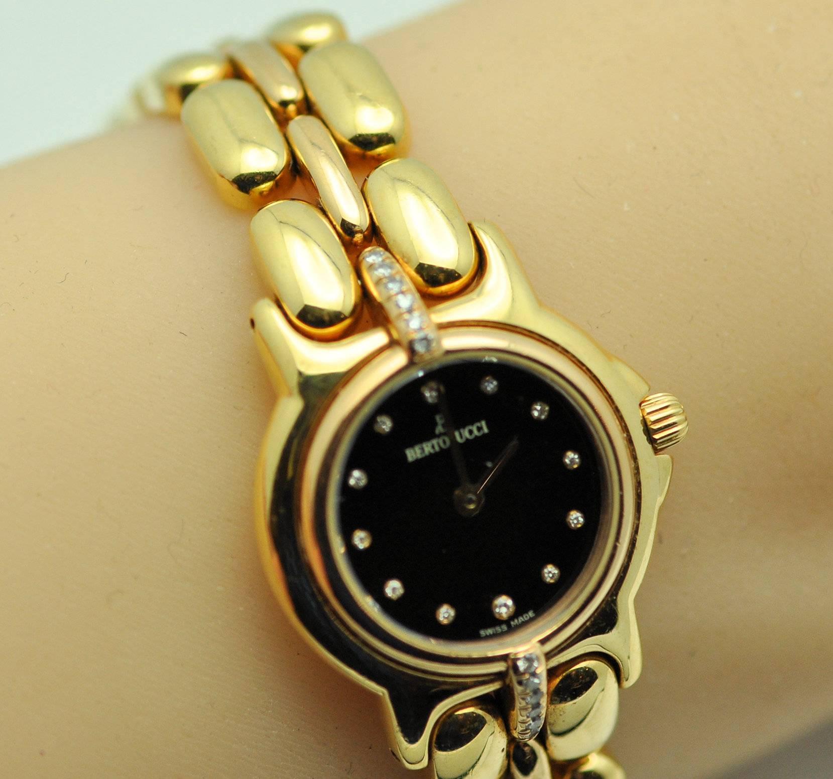 Modern Bertolucci Ladies Yellow and Rose Gold Diamond Black Dial Wristwatch  For Sale
