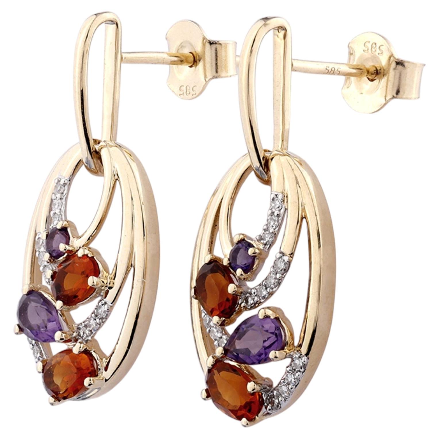 Boucles d'oreilles pendantes en or jaune 14KT avec améthyste, citrine et diamants en vente
