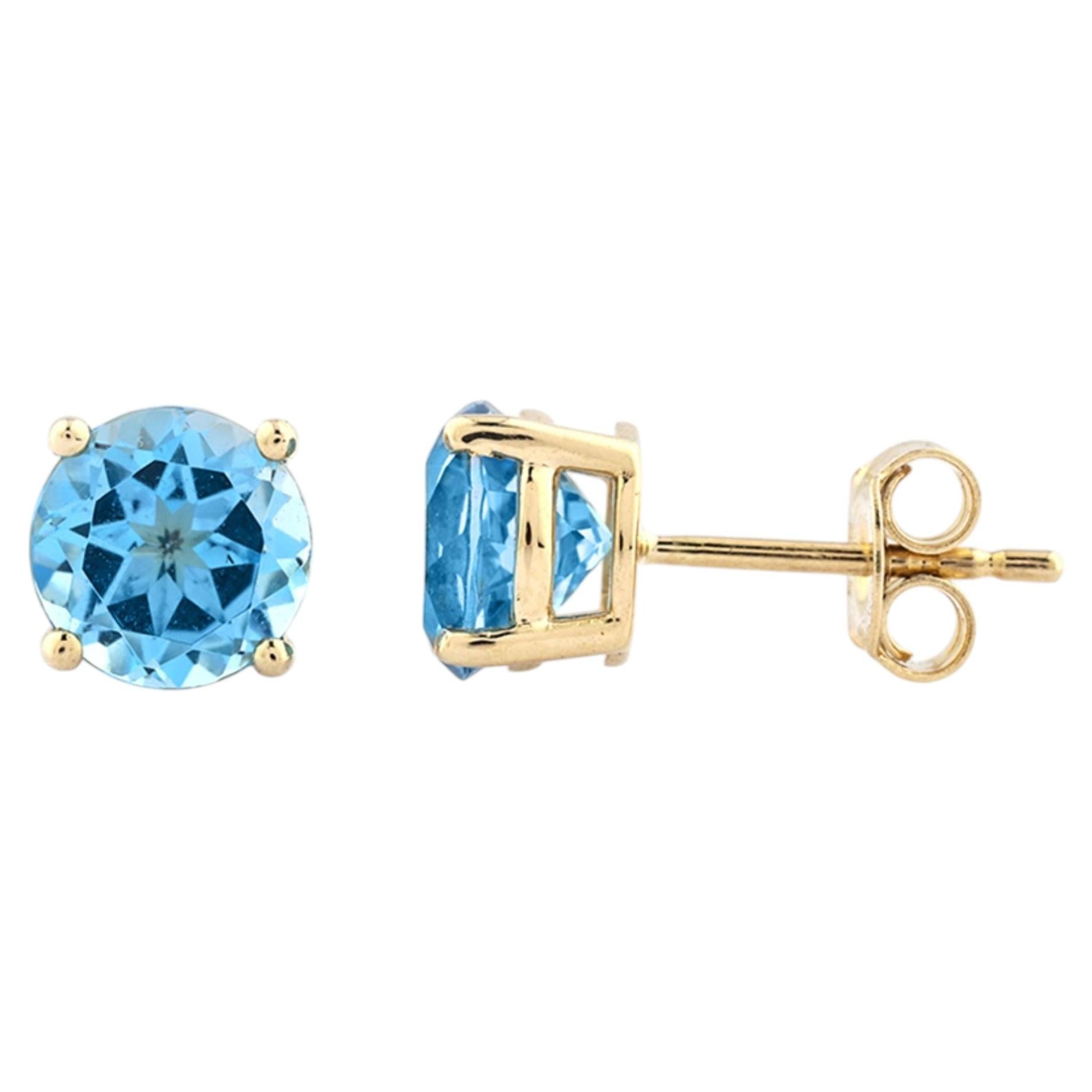 14KT Yellow Gold Round Swiss Blue Topaz Solitaire Studs Earrings For Sale