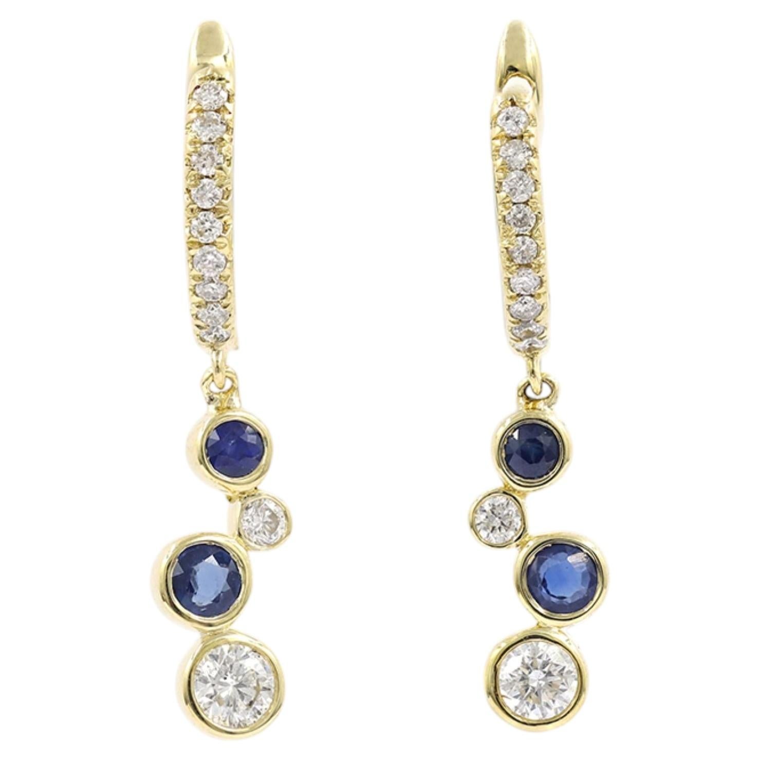 14KT Yellow Gold Round Blue Sapphire and Diamond Bezel Set Bubbled Drop Earrings