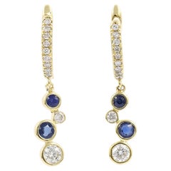 14KT Yellow Gold Round Blue Sapphire and Diamond Bezel Set Bubbled Drop Earrings