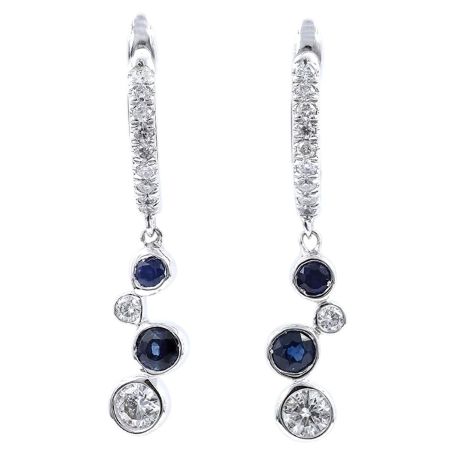 14KT White Gold Round Blue Sapphire and Diamond Bezel Set Bubbled Drop Earrings