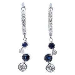 14KT White Gold Round Blue Sapphire and Diamond Bezel Set Bubbled Drop Earrings