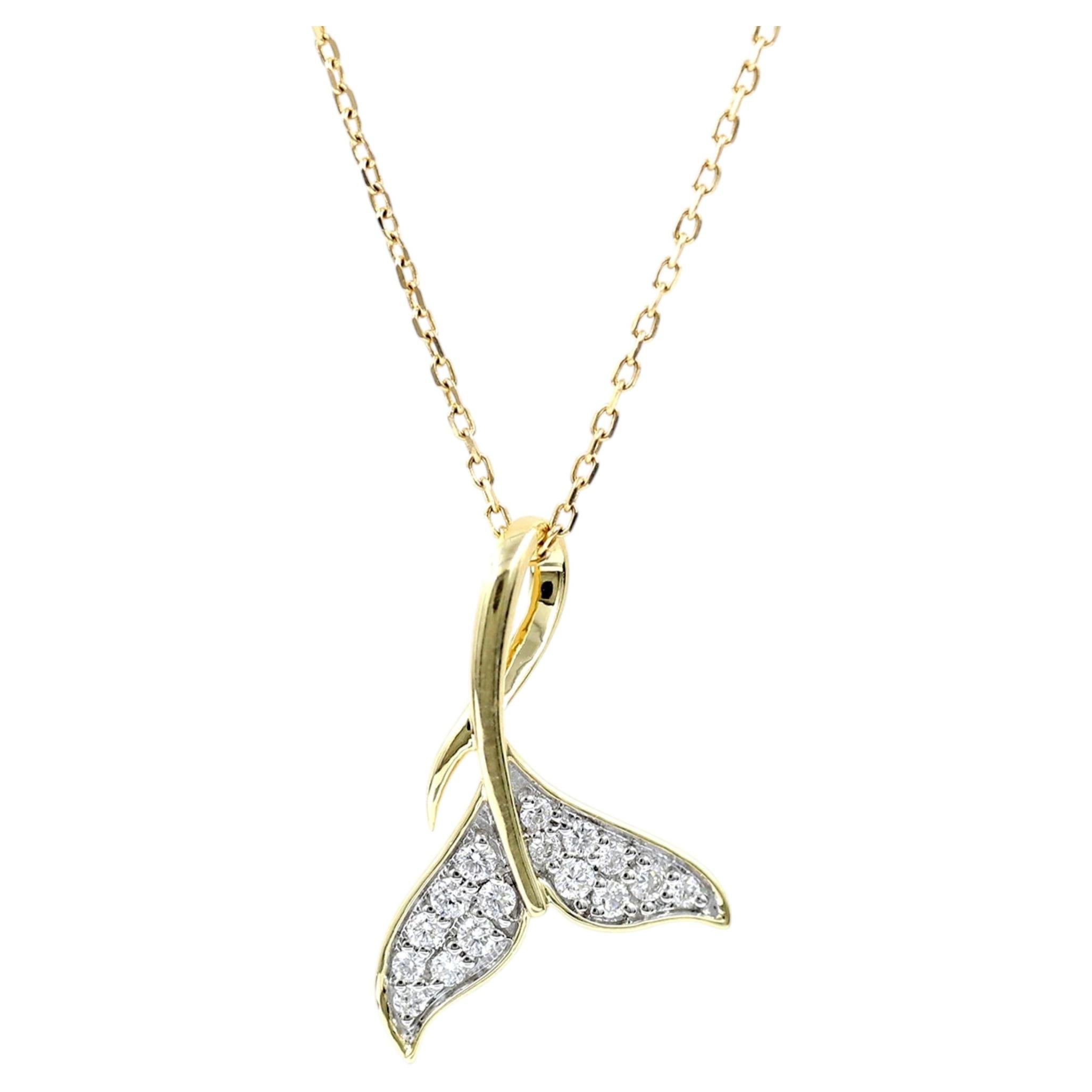 14K Yellow Gold Diamond Whale Tail Fluke Pendant Necklace