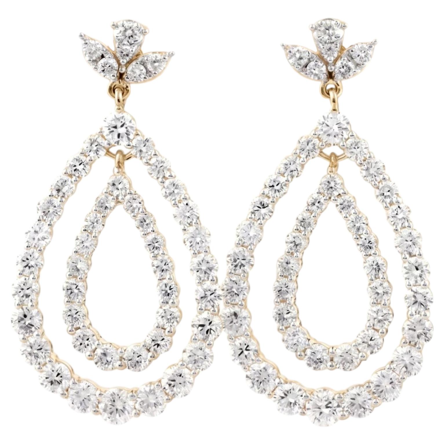 14K Yellow Gold 4.06Cts Round Natural Diamond Open Teardrop Earrings