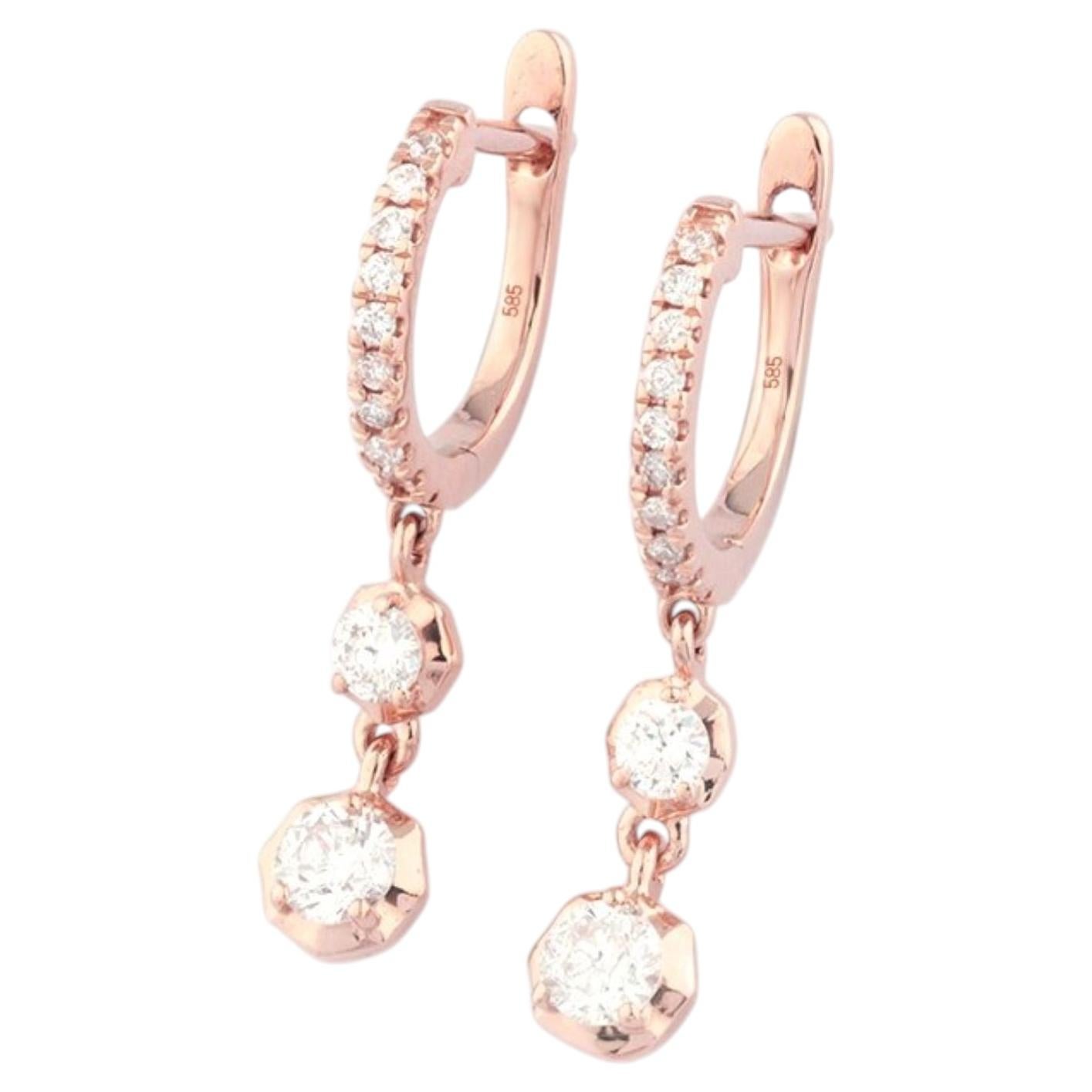 14KT Rose Gold Huggie Hoop Earrings with Bezel-Set Diamond Drops