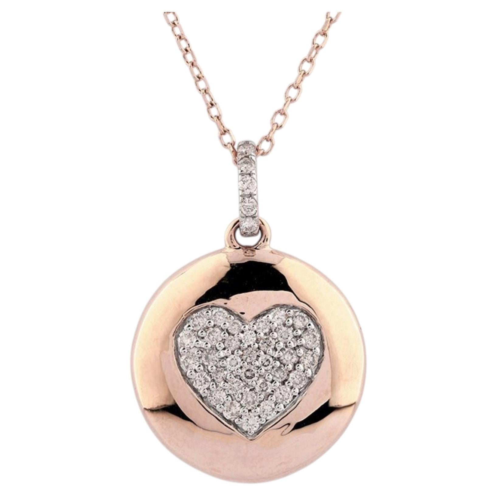 Halskette mit Herz-Anhänger aus 14-karätigem Roségold mit runden Diamanten im Pavé-Stil