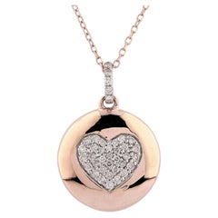 14K Rose Gold Round Diamond Pave Heart Disc Pendant Necklace