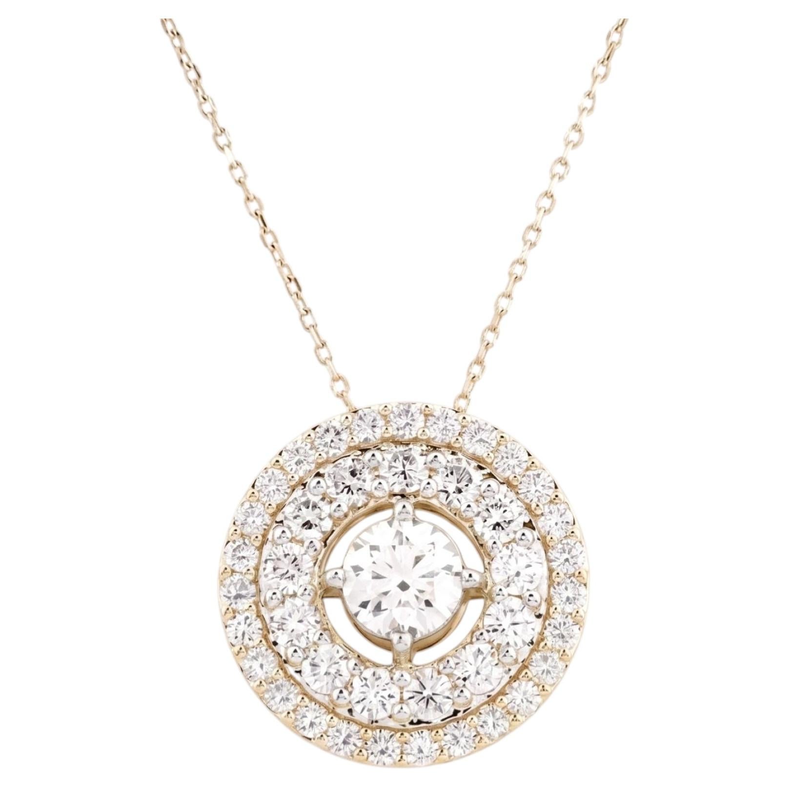 14K Yellow Gold Round Natural Diamond Double Halo Medallion Pendant Necklace
