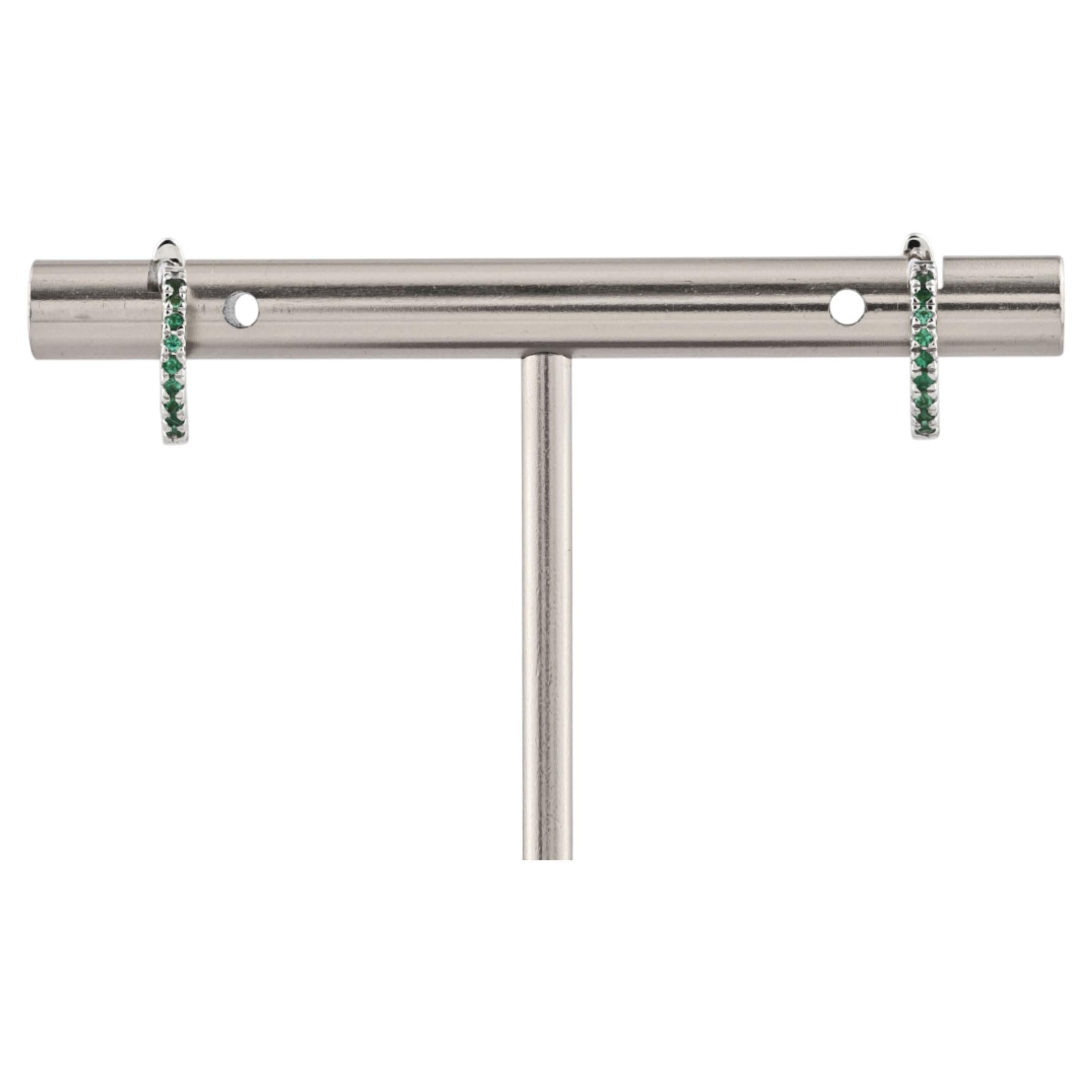 14K White Gold Emerald Hoop Earrings For Sale