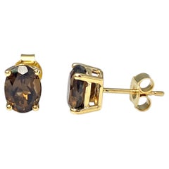 14K Yellow Gold Oval Smoky Quartz 2.29 Cts Stud Earrings