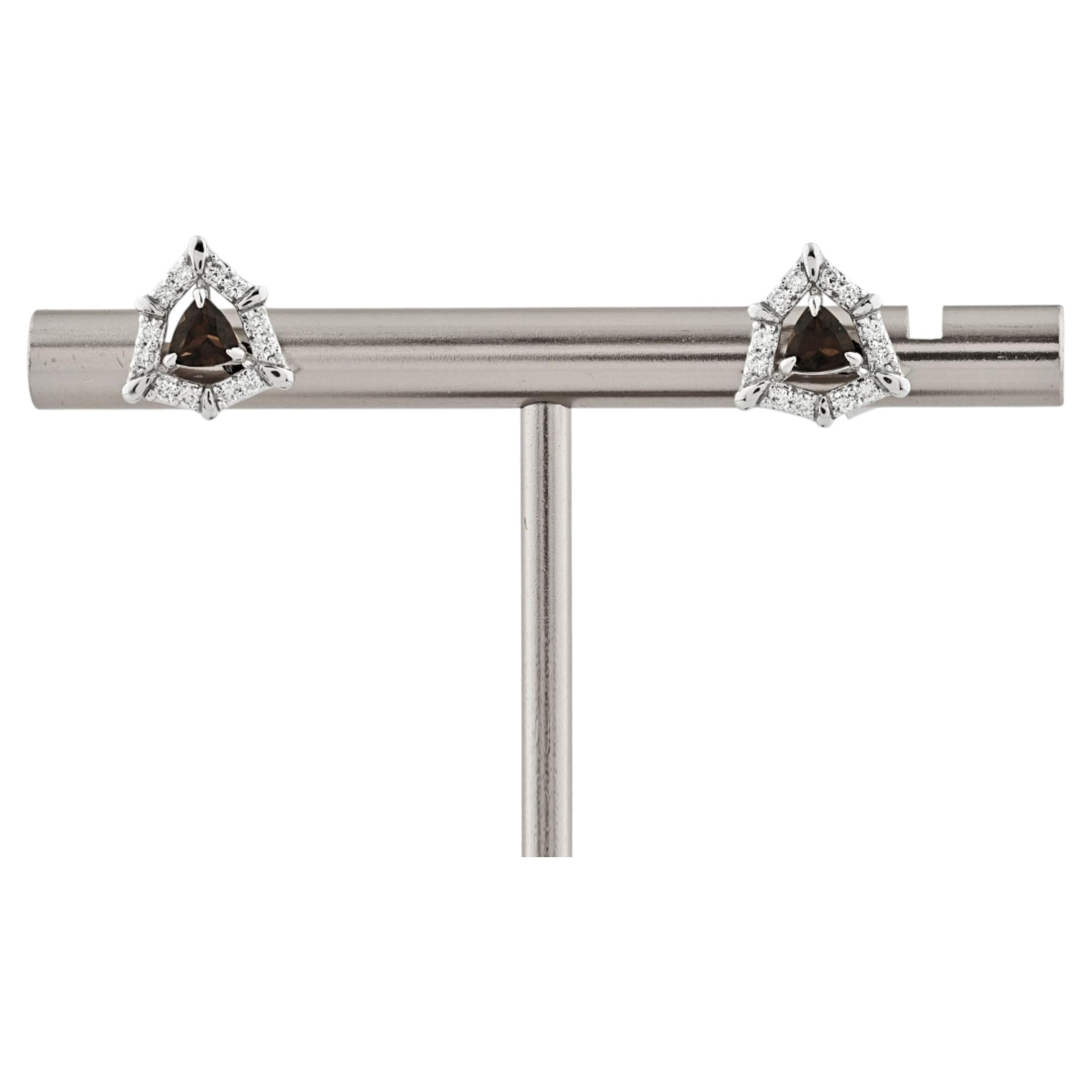 14K White Gold Trillion-Cut Smoky Quartz & Diamond Stud Earrings