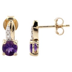 14K Yellow Gold Round Amethyst & Diamond Drop Earrings