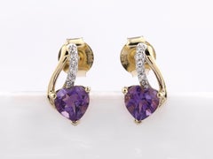 14K Yellow Gold Heart-Shaped Amethyst & Diamond Drop Earrings