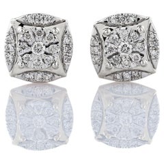 14K White Gold Round Diamond Square Shape Stud Earrings