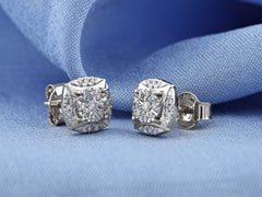 14K White Gold Round Diamond Square Shape Stud Earrings