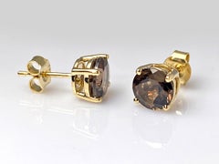 14K Yellow Gold Smoky Quartz Round 2.26 Cts Stud Earrings