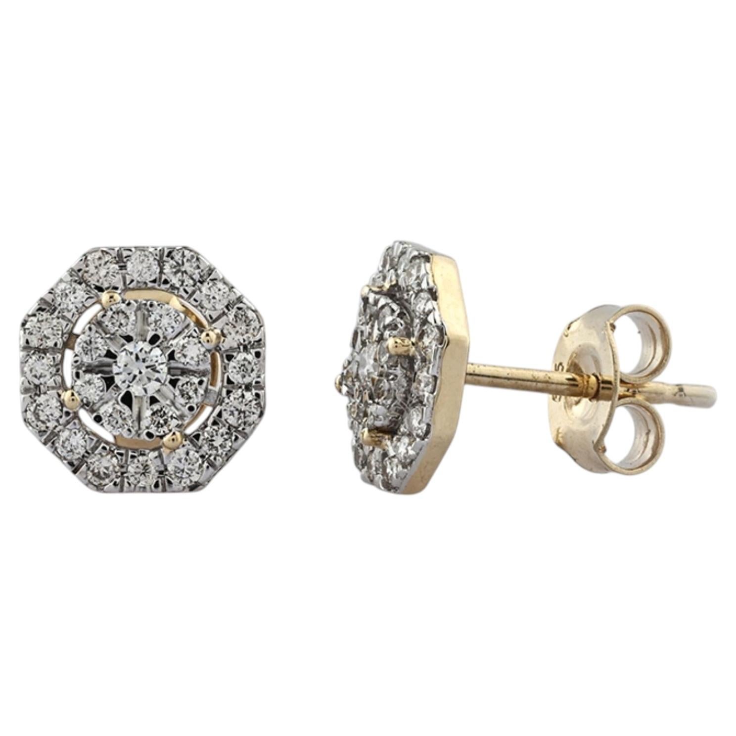 14K Yellow Gold Round Diamond Floral Stud Earrings
