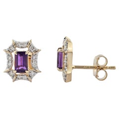 14K Yellow Gold Emerald-Cut Amethyst & Diamond Stud Earrings