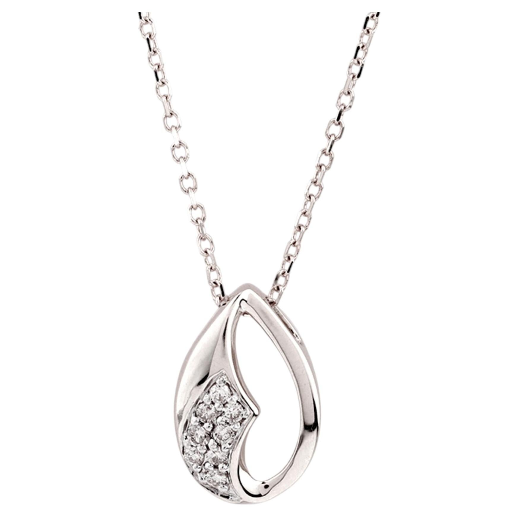 14K White Gold Open Teardrop Diamond Pendant Necklace For Sale