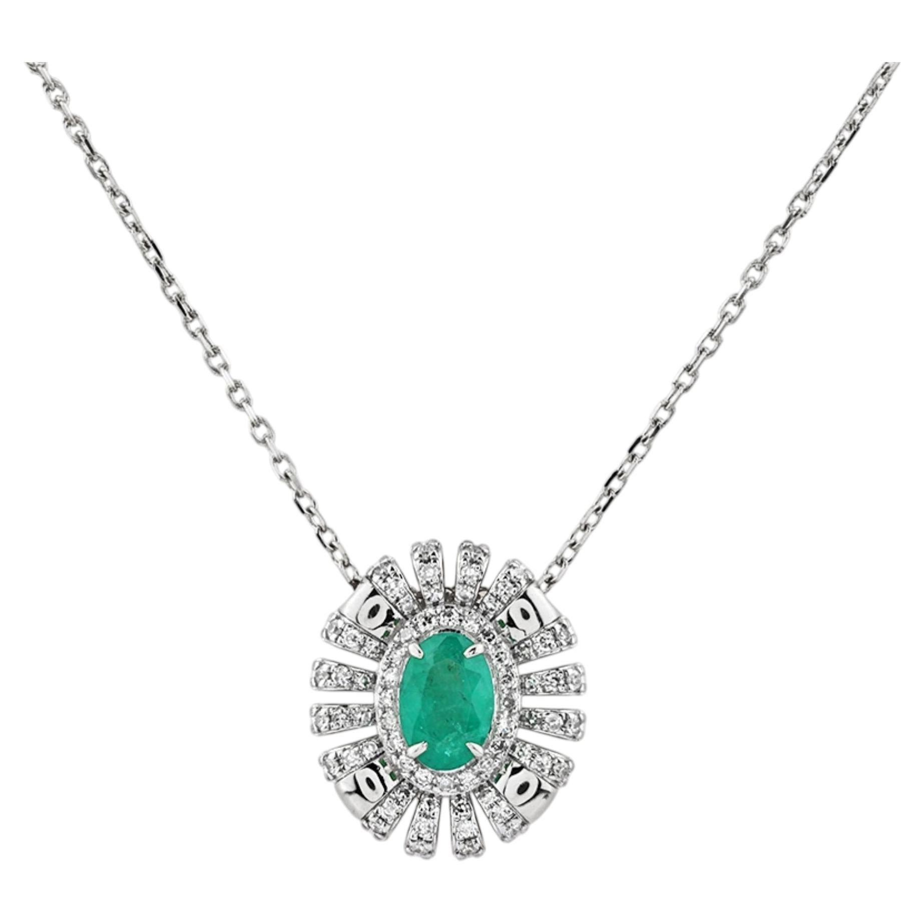 14K White Gold Oval Emerald & Diamond Halo Pendant Necklace