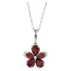 14K White Gold 1.53 Cts Garnet & Diamond Pendant Necklace