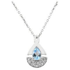 14K White Gold Blue Topaz & Diamond Pendant Necklace