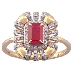 14K Yellow Gold Emerald-Cut Ruby and Diamond Starburst Cocktail Ring