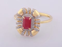 14K Yellow Gold Emerald-Cut Ruby and Diamond Starburst Cocktail Ring
