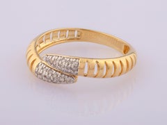 14K Yellow Gold Ribbed Pave Round Diamond Bypass Ring