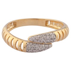 14K Yellow Gold Ribbed Pave Round Diamond Bypass Ring