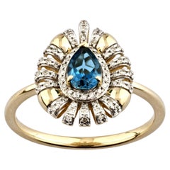 14K Yellow Gold Pear-Cut Topaz and Diamond Sunburst Cocktail Ring