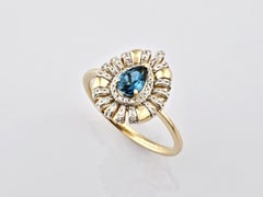14K Yellow Gold Pear-Cut Topaz and Diamond Sunburst Cocktail Ring