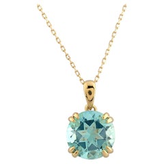 14K Yellow Gold Round Light Blue Topaz 3.22 Cts Solitaire Pendant Necklace