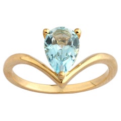14KT Yellow Gold 1.34 Cts Pear Cut Pear Blue Aquamarine Solitaire Ring