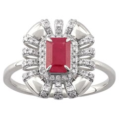 14KT WhiteGold Emerald-Cut Ruby and Diamond Starburst Cocktail Ring