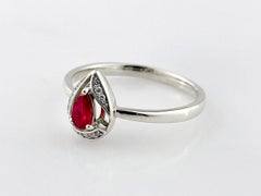 14K White Gold Pear Shape Ruby & Round Diamond Ring
