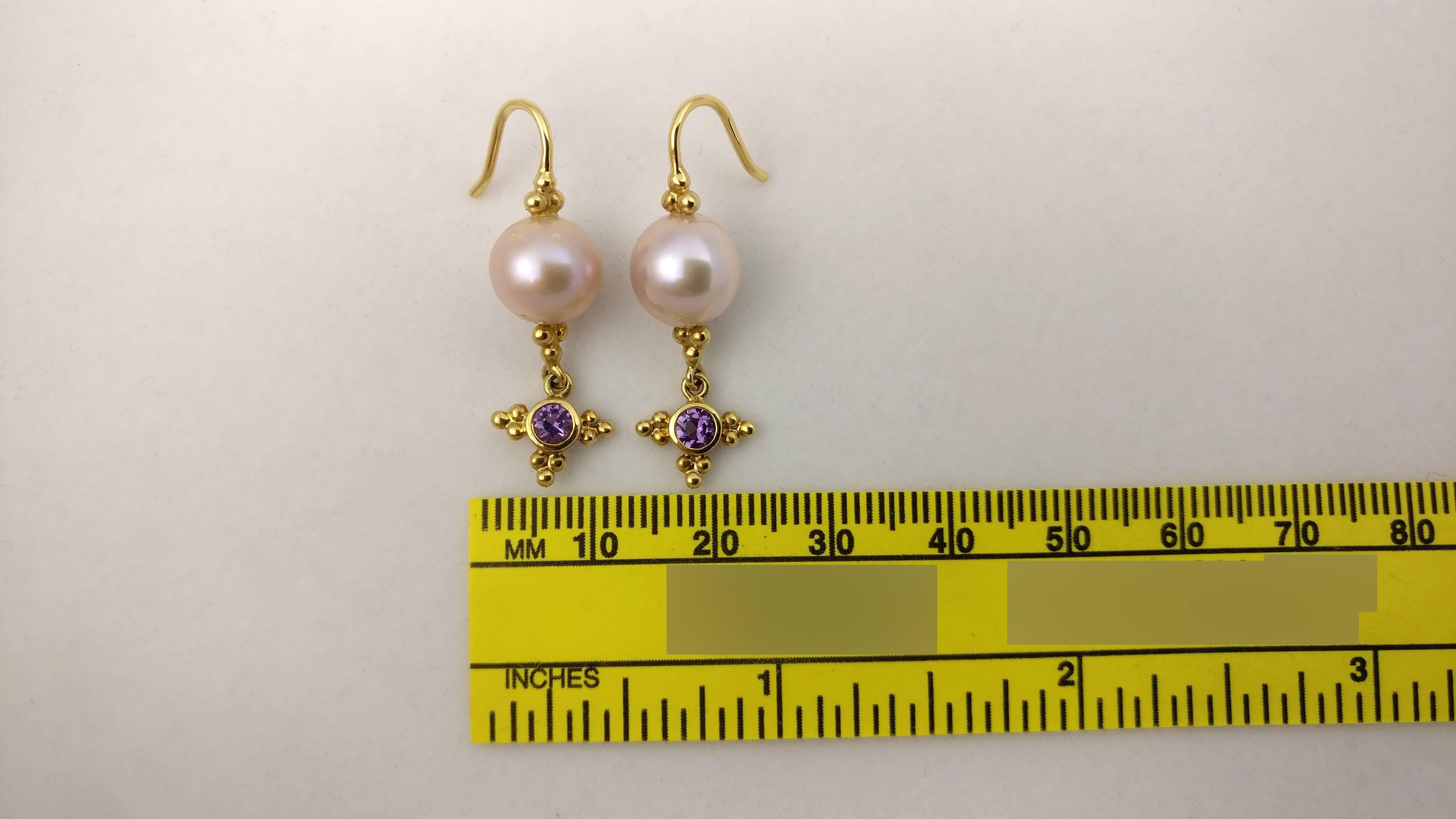 One of a kind 18K handmade French hook earrings with Pearl(2)=11.81ct and Amethyst(2)=0.26ct.
