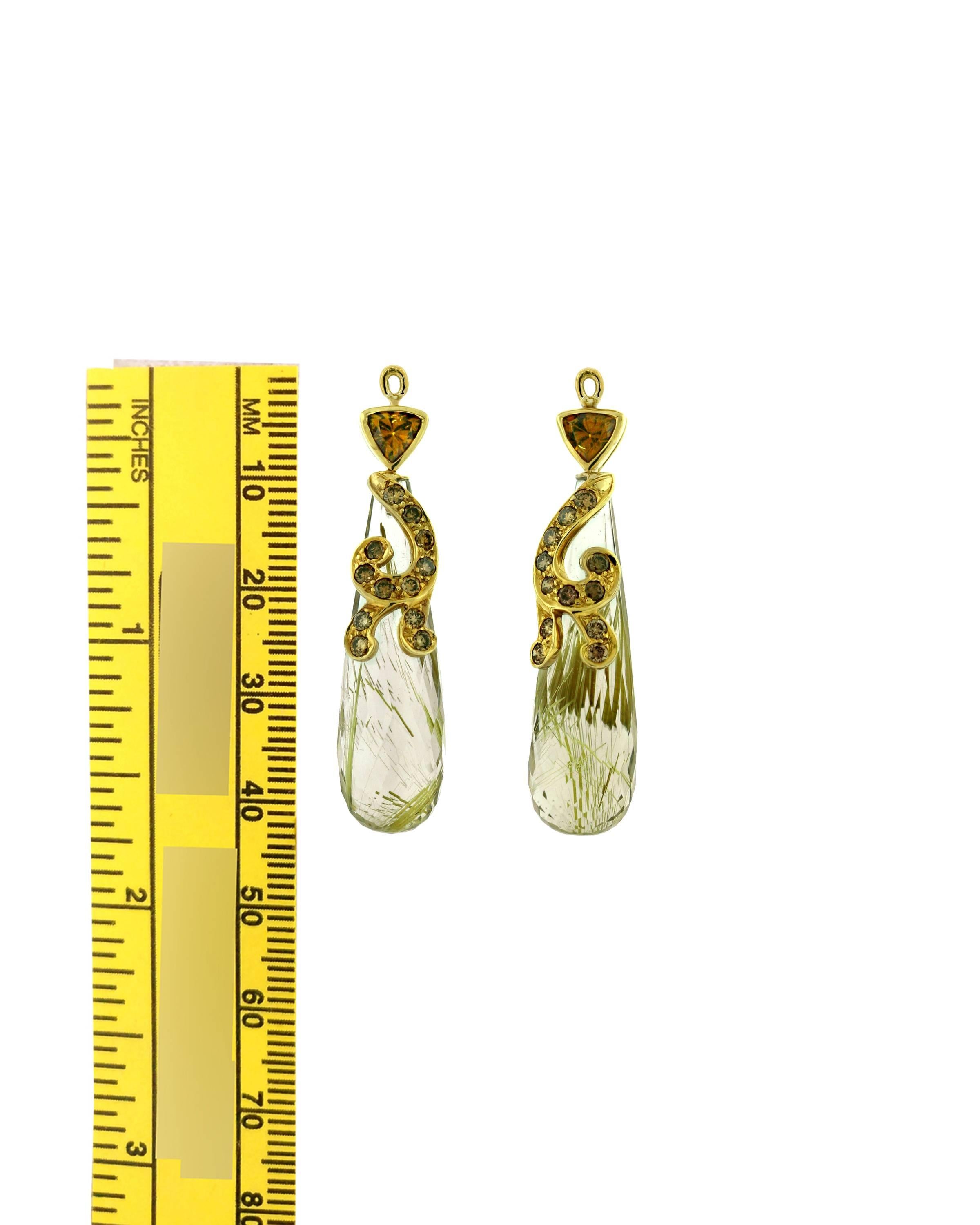 Crevoshay handmade versatile earring drops with rutilated quartz= 39.88ct., brown diamond swirls = 0.61ct. and garnet = 1.02ct.  18k yellow gold.