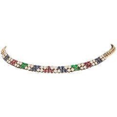 1970s Colored Stone Gold Curb Link Necklace