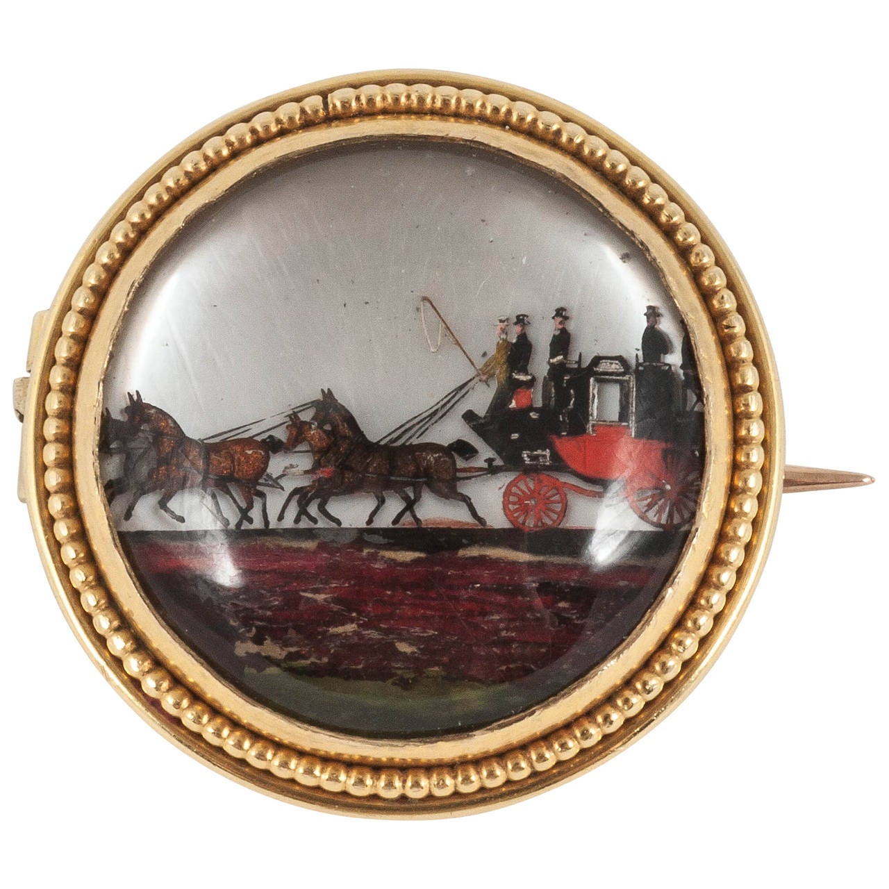 Victorian Reverse painted crystal coach and horses brooch