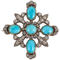 Antique Brooch with Turquoise & Diamonds in 18 Carat Gold & Silver, English 1830