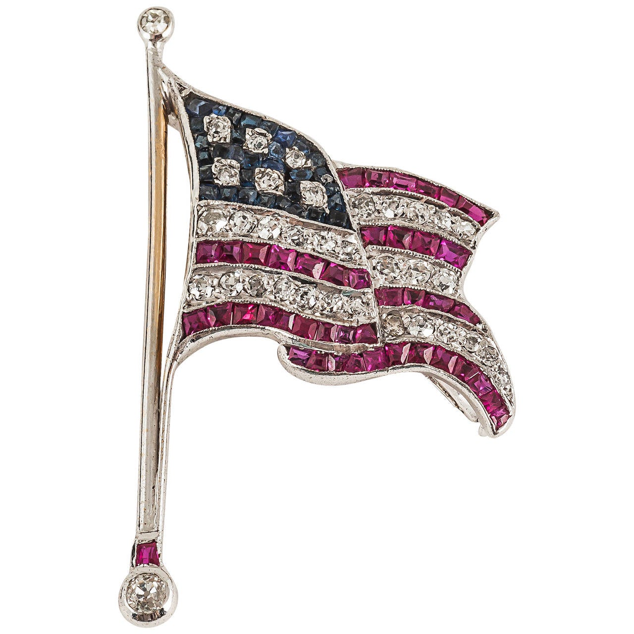 gold mounted sapphire, ruby diamond USA flag brooch set diamonds