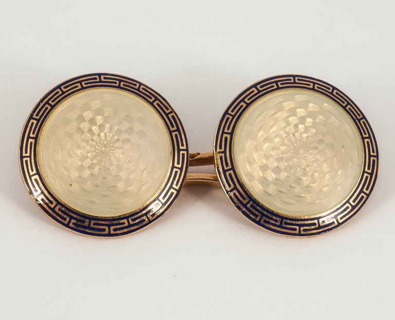 A rare pair of opaline guilloche  enamel on 18ct yellow gold cufflinks,with blue enamel border,c,1900 in original case